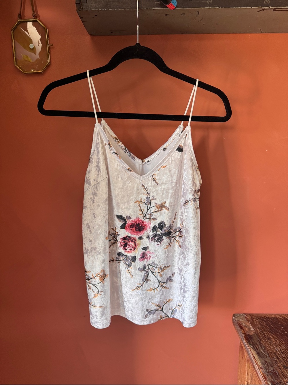 Vici White Velvet Floral Cami Tank with Pink Roses